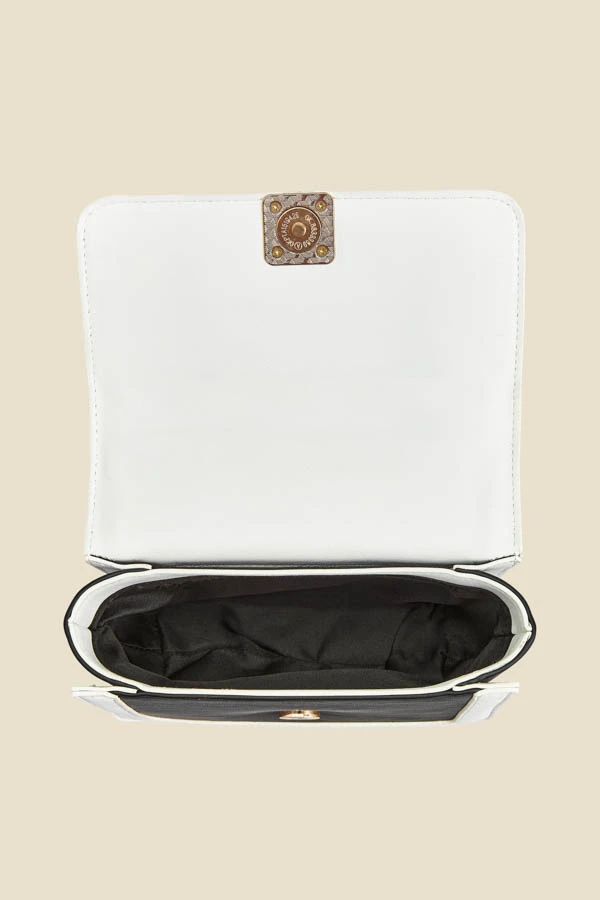 Black Quilted Ivory Trim Chain Detail Cross Body Bag - Image 5