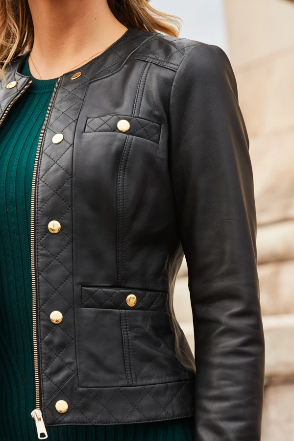Black Quilted Round Neck Leather Jacket With Gold Buttons - Image 5