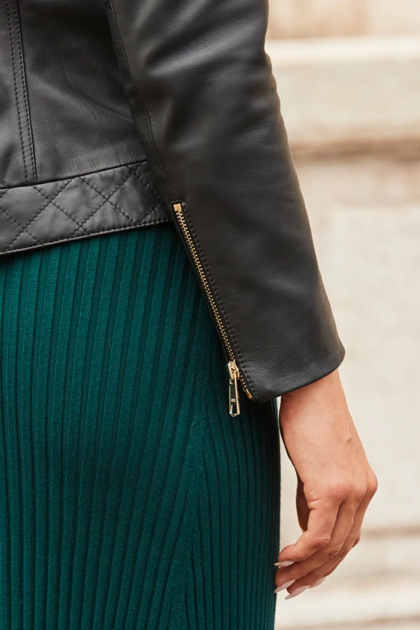 Black Quilted Round Neck Leather Jacket With Gold Buttons - Image 6