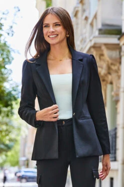 Black Ruched Shoulder Ponte Blazer