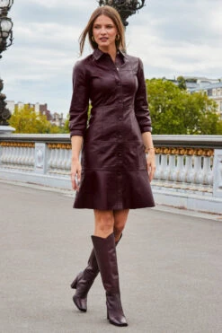 Burgundy Fluted Hem Leather Dress