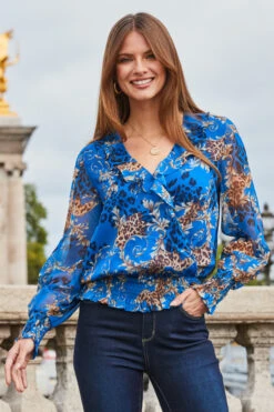 Blue Multi Print Frill Detail Shirred Hem Blouse