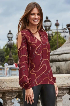 Burgundy Chain Print Cut Out Shoulder Top