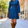 Dark Indigo Button Front Belted Denim Dress