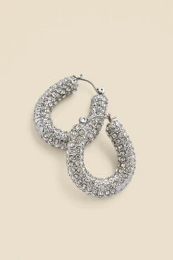 Silver Rhinestone Detail Chunky Hoop Earrings