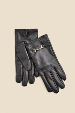 Black Leather Snaffle Trim Gloves