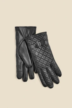 Black Leather Quilted Buckle Detail Gloves