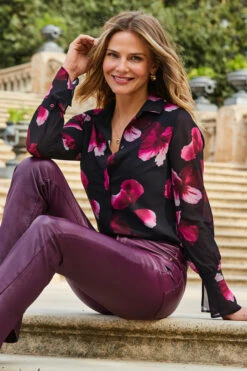 Black & Red Floral Print Fluted Cuff Longline Shirt