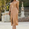 Camel Faux Leather Longline Shirt Dress