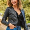 Black Leather Collarless Biker Jacket