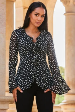 Black Spot Print Ruffle Detail Blouse With Corsage