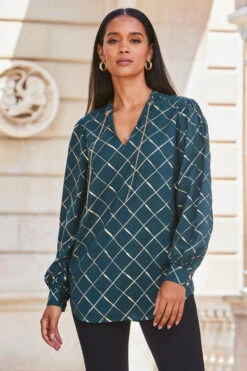 Green & Gold Check Print Chain Lace Up Blouse