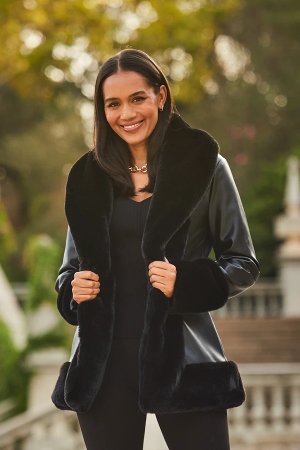 Black Faux Leather Coat With Faux Fur Trim - Image 3