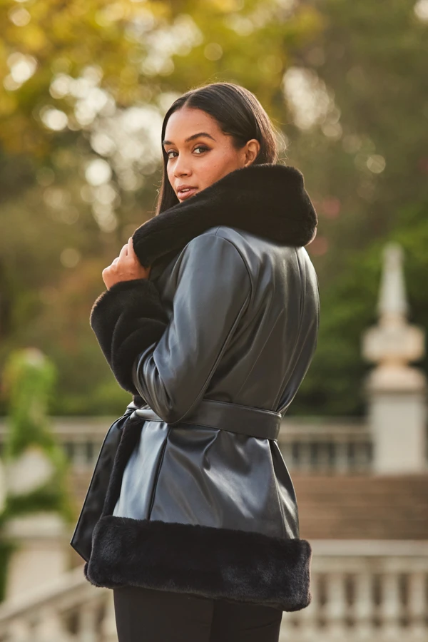 Black Faux Leather Coat With Faux Fur Trim - Image 4