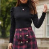 Red & Black Checked A-Line Skirt With Button Detail