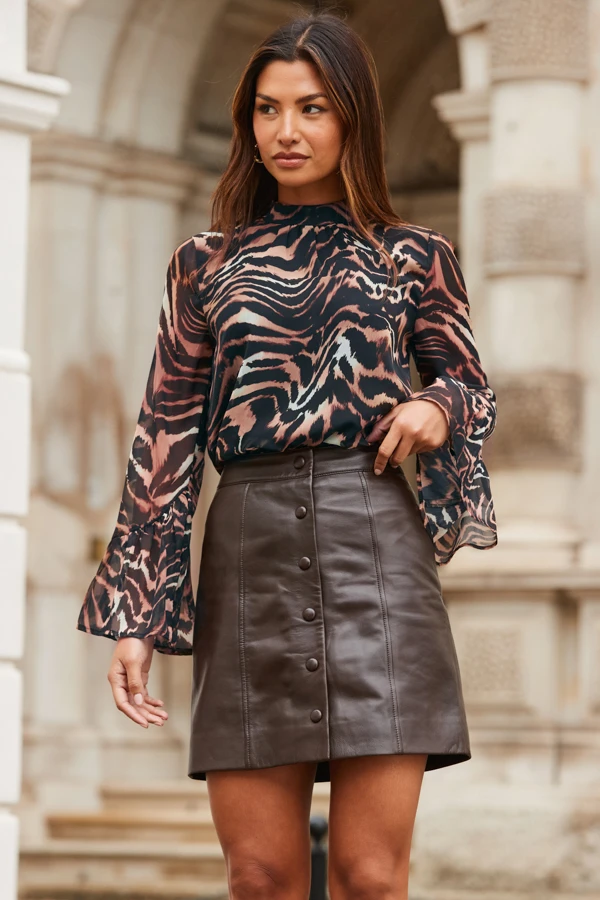 Natural Abstract Animal Print Flared Cuff Top - Image 3