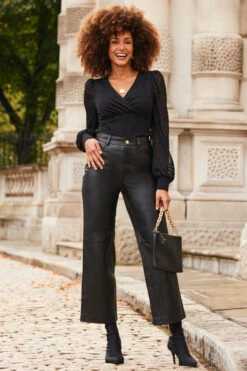 Black Leather Straight Leg Cropped Trousers