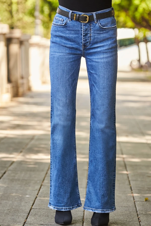 Mid Blue Raw Hem Kick Flare Jeans - Image 2