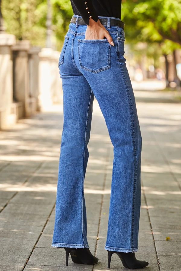 Mid Blue Raw Hem Kick Flare Jeans - Image 3