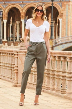 Khaki Green Leather Look D Ring Belted Trousers