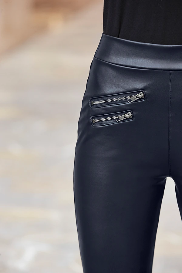 Navy Blue Leather Look Premium Leggings - Image 3