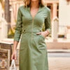 Sage Green Zip Front Buckle Detail Denim Dress