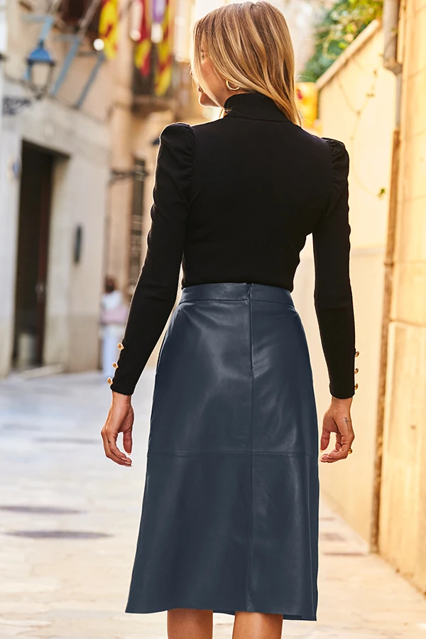 Grey Leather A-Line Skirt With Pockets - Image 3