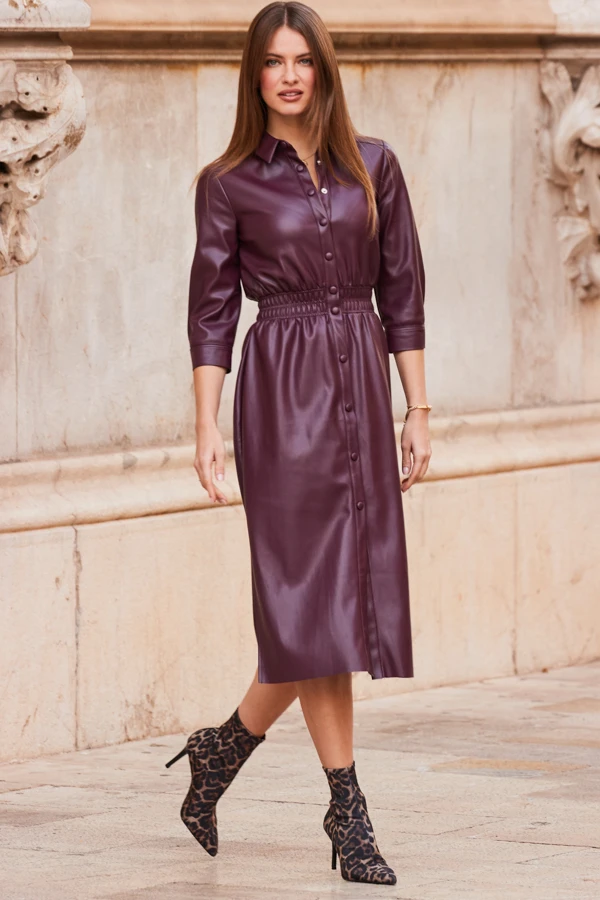 Burgundy Shirred Waist Popper Front Shirt Dress - Image 2