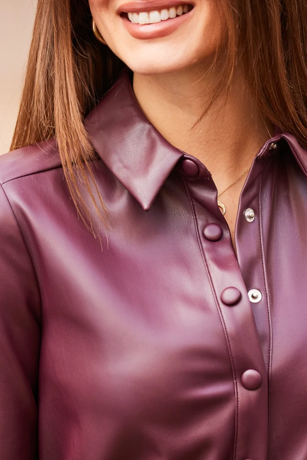 Burgundy Shirred Waist Popper Front Shirt Dress - Image 4