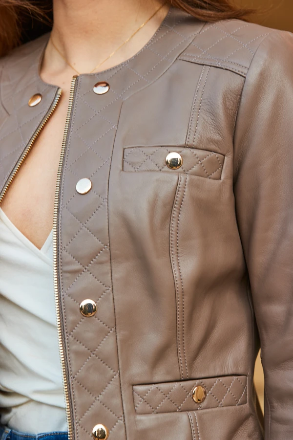Taupe Quilted Round Neck Leather Jacket With Gold Buttons - Image 5