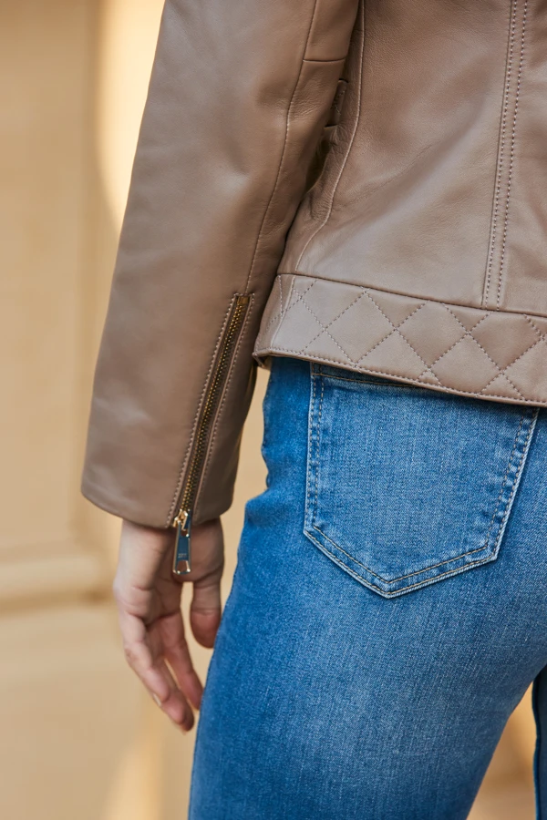 Taupe Quilted Round Neck Leather Jacket With Gold Buttons - Image 6