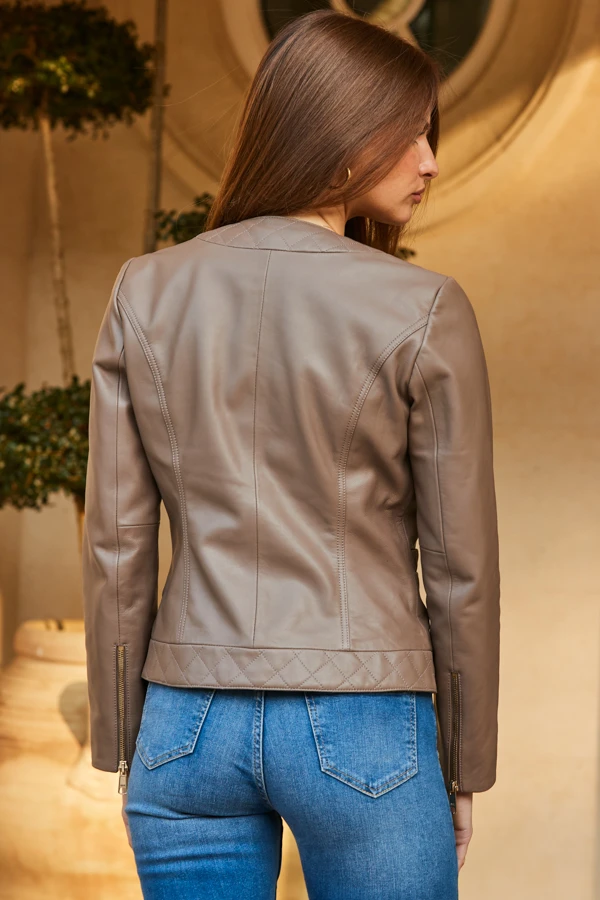 Taupe Quilted Round Neck Leather Jacket With Gold Buttons - Image 7