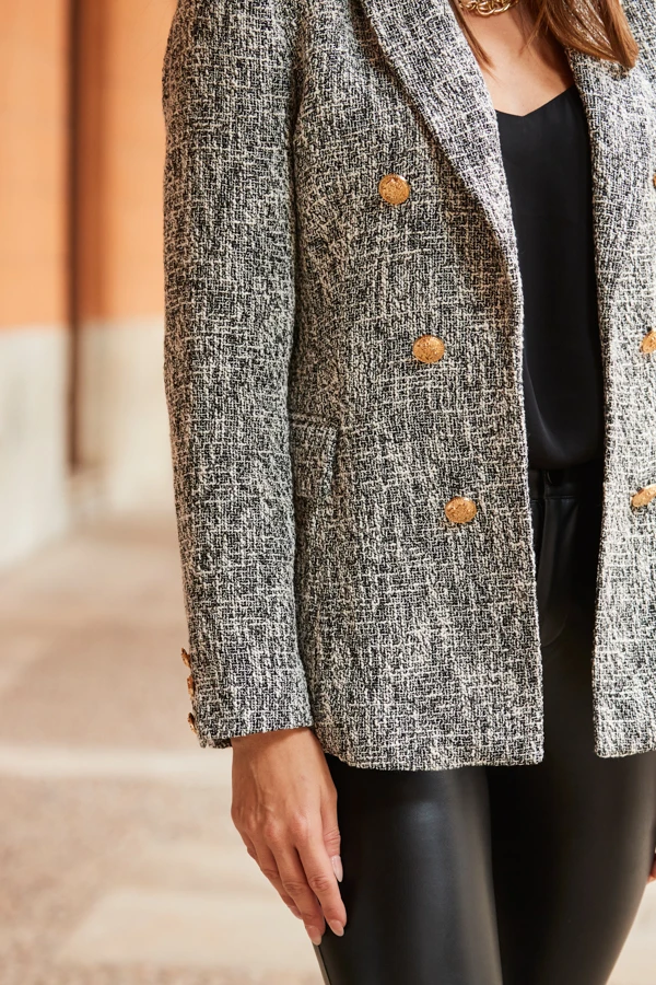 Black & White Boucle Blazer With Gold Buttons - Image 6