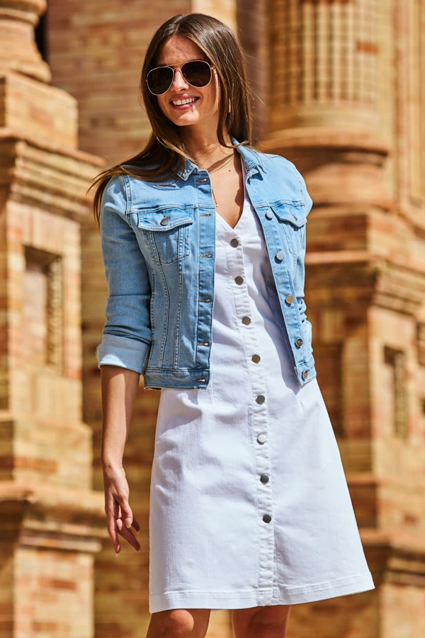 White Silver Button Front Sleeveless Denim Dress - Image 6
