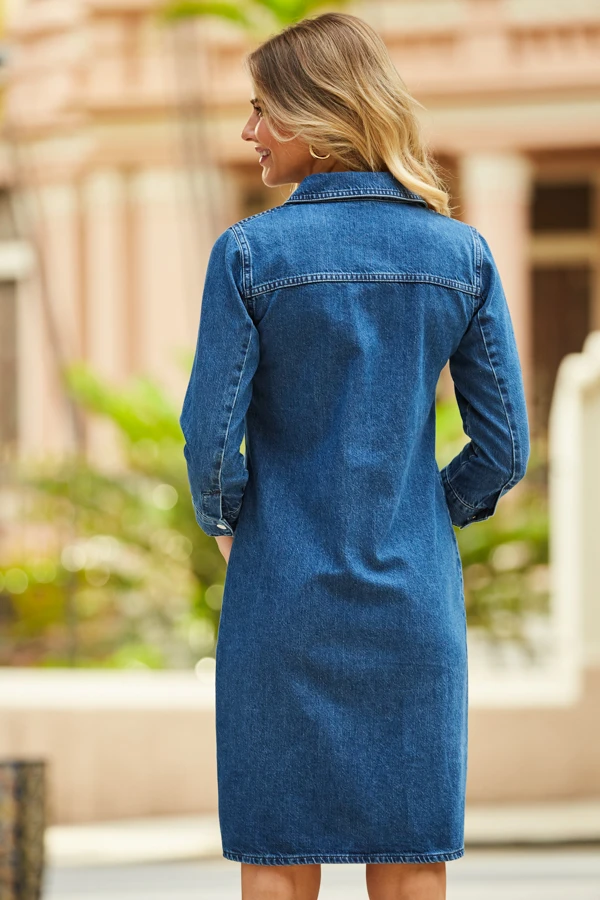 Indigo Blue Popper Front Denim Shift Dress - Image 4