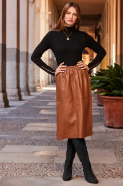 Tan Faux Leather Stretch Waist Skirt