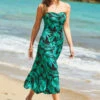 Black & Green Palm Print Ruched Front Bandeau Jersey Dress