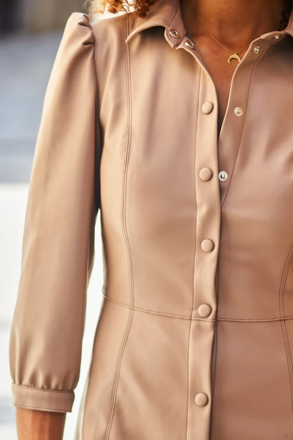 Taupe Faux Leather Popper Front Shirt Dress - Image 5