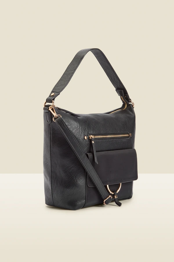 Black Large Hoop Clasp Shoulder Bag With Pocket Detail - Image 2