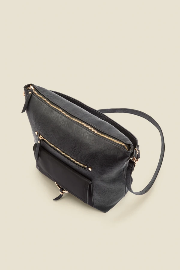 Black Large Hoop Clasp Shoulder Bag With Pocket Detail - Image 3
