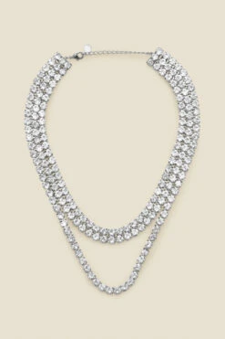 Silver Rhinestone Triple Layer Necklace