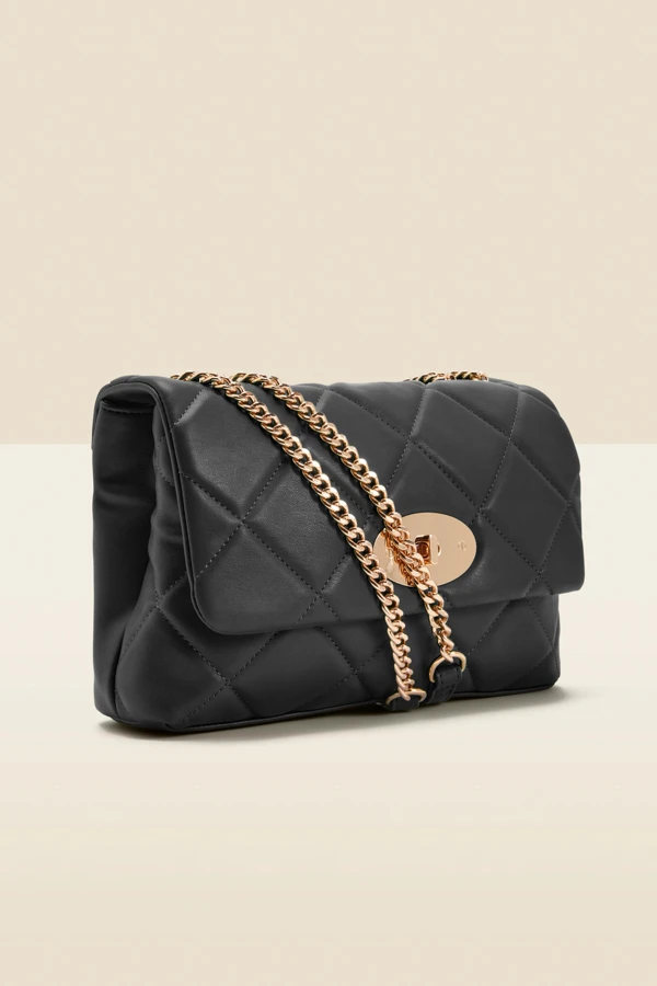 Black Faux Leather Quilted Clasp Detail Cross Body Bag - Image 2