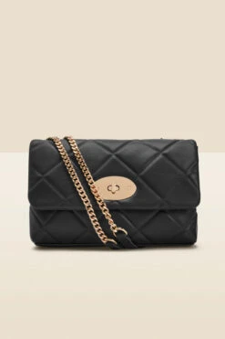 Black Faux Leather Quilted Clasp Detail Cross Body Bag