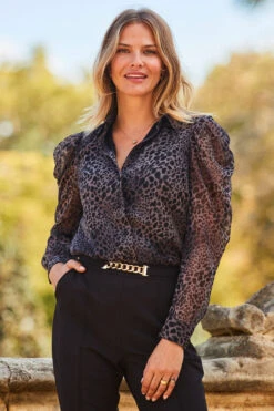 Grey Animal Print Puff Shoulder Sheer Sleeve Shirt
