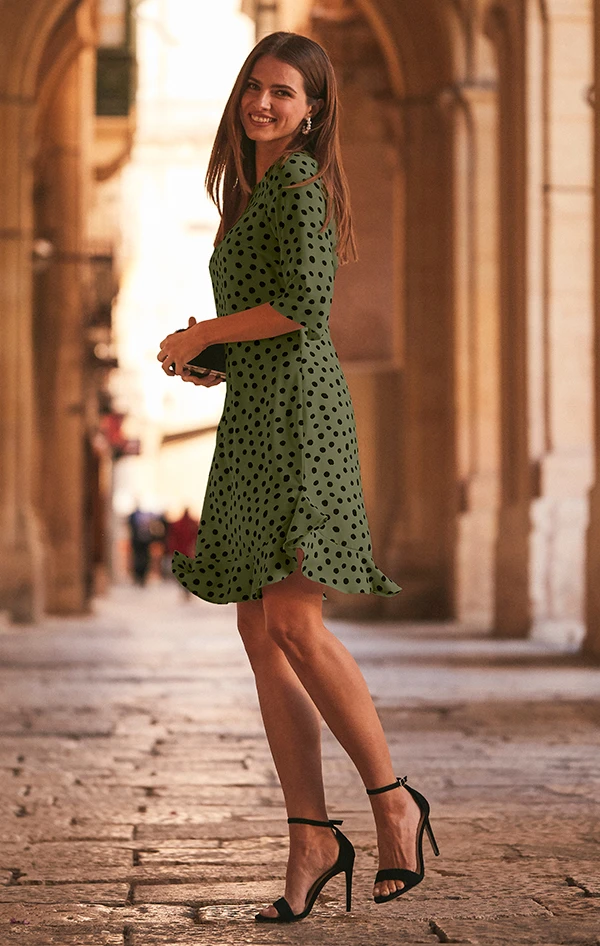 Khaki Green & Black Spot Print Ruffle Hem Shift Dress - Image 3