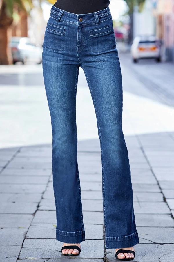 Indigo Blue Braid-Detail Kick Flare Jeans - Image 2