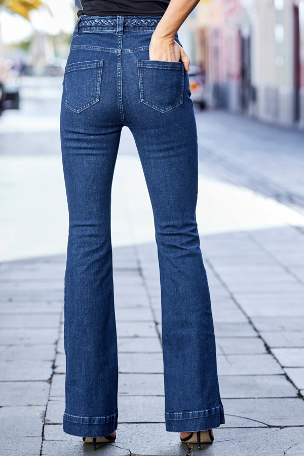 Indigo Blue Braid-Detail Kick Flare Jeans - Image 5
