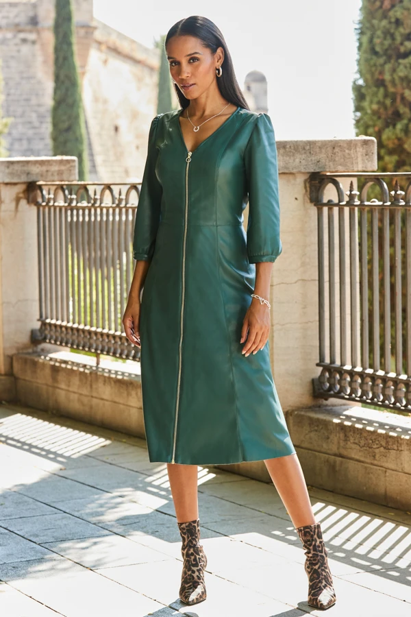 Emerald Green Zip Front Faux Leather Midi Dress - Image 4