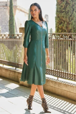 Emerald Green Zip Front Faux Leather Midi Dress