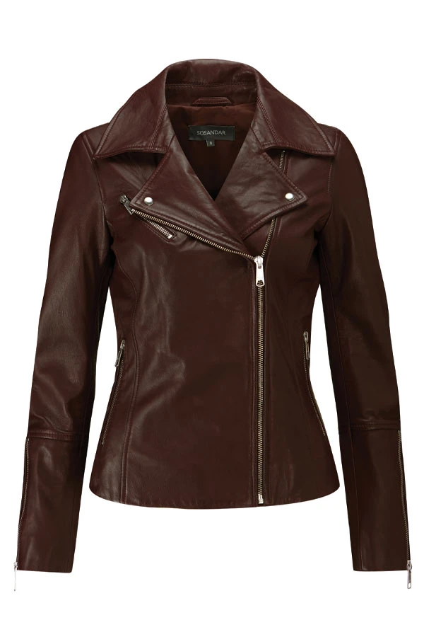Chocolate Brown Leather Biker Jacket - Image 7
